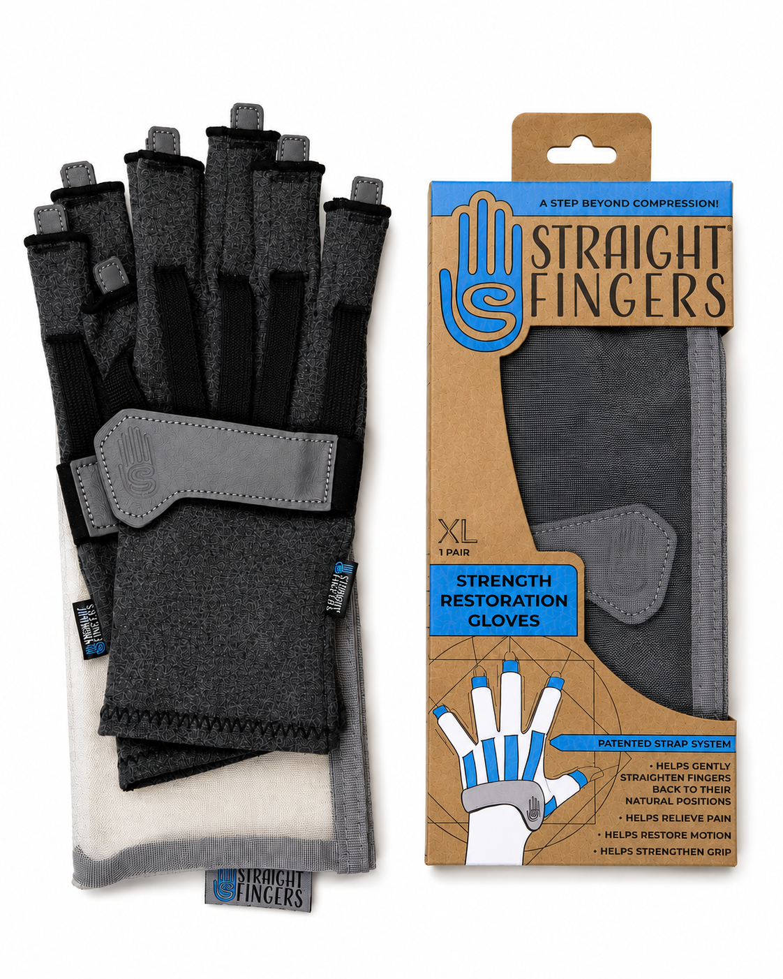Straight Fingers® Gloves with their retail packaging