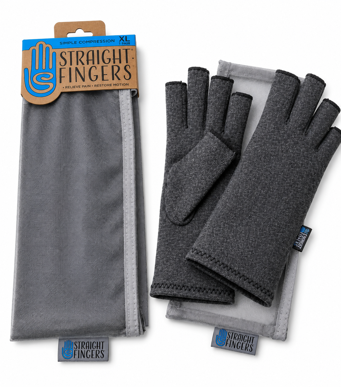 Straight Fingers® Simple Compression Gloves with their mesh wash bag and packaging